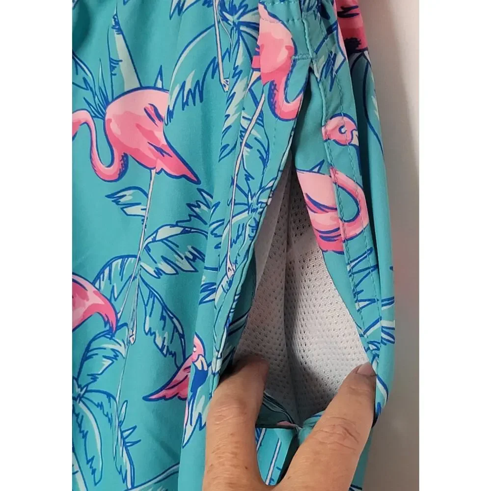 2/$15 Hot Coals Mens Lined Board Shorts Swim Trunks Tropical Teal Flamingos XL